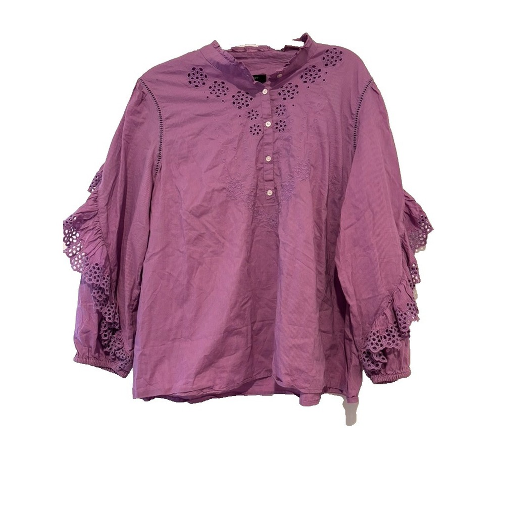 J Crew sz XXL purple stripe cotton lace and embroidered balloon sleeve blouse DD